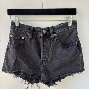 Levi’s 501 Black Denim Shorts High Rise Distressed Frayed Cut Off Vintage Style